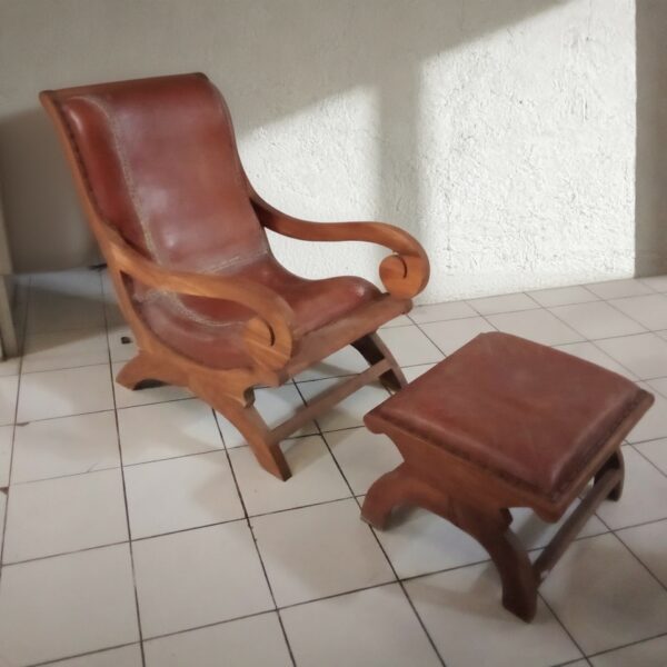 Teak & Real Leather Lazy Chair + Foot Rest Brown